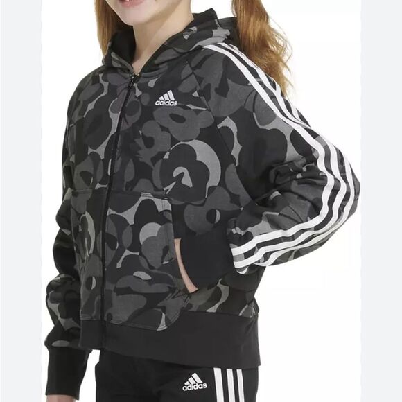 NWT Adidas Girls' Zip-Front Essential 3-Stripe Hooded Fleece Jacket Sz M 10/12 - Picture 8 of 10